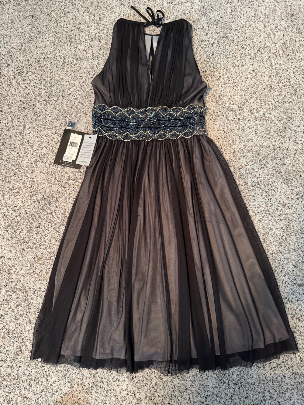 NWT - JS BOUTIQUE Black and Gray Waist Beaded Cocktail Halter Dress, Size 6